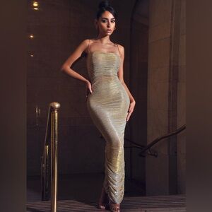 Miss Circle ‘The Glint Gold Ruched Chiffon Long Maxi Dress’